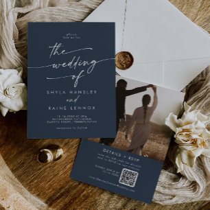 Boho Chic Dark Navy Blue Foto QR Code Hochzeit Einladung