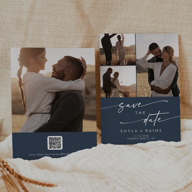 Boho Chic Dark Navy Blue Multi Foto QR Code Save The Date (Von Creator hochgeladen)