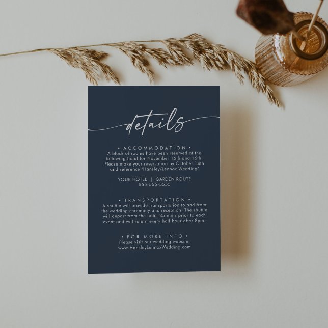 Boho Chic Dark Navy Blue Wedding Details Begleitkarte (Von Creator hochgeladen)