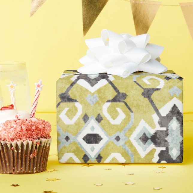Boho chic dunkelgrau und gelb ikat Stammesmuster Geschenkpapier (Geburtstagsparty)