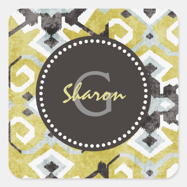 Boho chic dunkelgrau und gelb ikat Stammesmuster Quadratischer Aufkleber (Vorderseite)