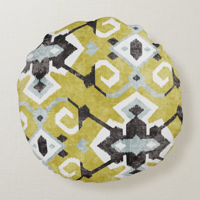 Boho chic dunkelgrau und gelb ikat Stammesmuster Rundes Kissen (Rückseite)