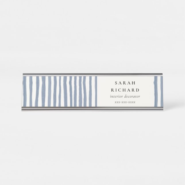 Boho Chic Dusky Blue Watercolor Hand Drawn Strips Schreibtischnamensplakette (Vorderseite )