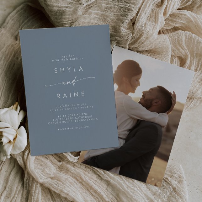 Boho Chic Dusty Blue Lässig Foto Wedding Einladung (Von Creator hochgeladen)