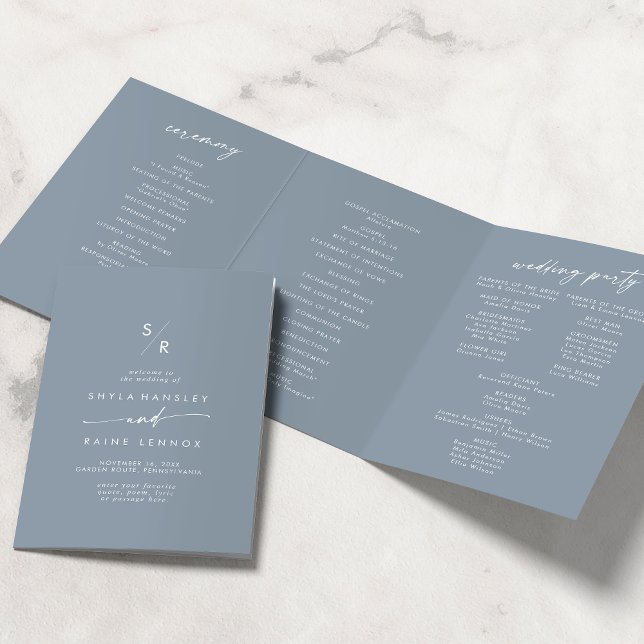 Boho Chic Dusty Blue Monogram Wedding Dreifach-gefaltete Programmkarte (Von Creator hochgeladen)