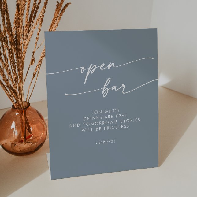 Boho Chic Dusty Blue Open Bar Wedding Sockelschild (Boho Chic Dusty Blue Open Bar Wedding Pedestal Sign)