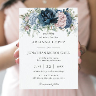 Boho Chic Dusty Blue Pink Navy Blumenzange Hochzei Einladung
