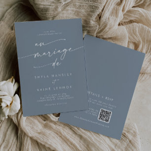 Boho Chic Dusty Blue QR Code Französisch Hochzeit Einladung