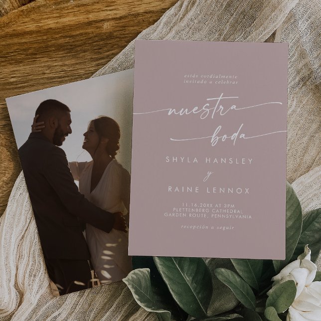 Boho Chic Dusty Rose Pink Foto Spanische Hochzeit Einladung (Von Creator hochgeladen)
