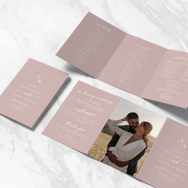 Boho Chic Dusty Rose Pink Monogram Wedding Dreifach-gefaltete Programmkarte (Von Creator hochgeladen)