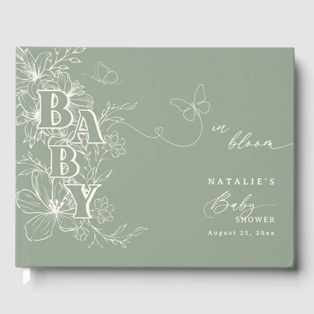 Boho Chic Elegant Sage Green Floral Baby Dusche Gästebuch (Vorderseite)