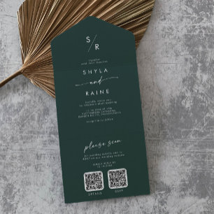 Boho Chic Emerald Green Dual QR Code Hochzeit All In One Einladung