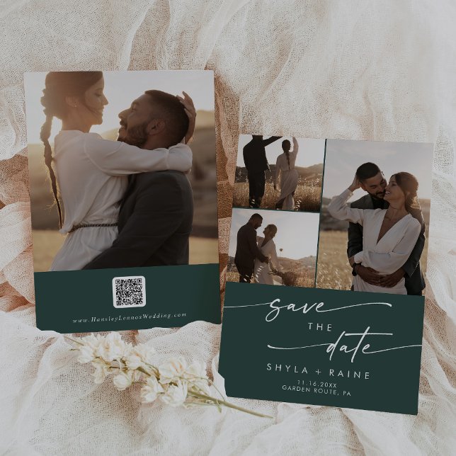 Boho Chic Emerald Green Multi Foto QR Code Save The Date (Von Creator hochgeladen)