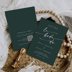 Boho Chic Emerald Green QR Code Spanische Hochzeit Einladung