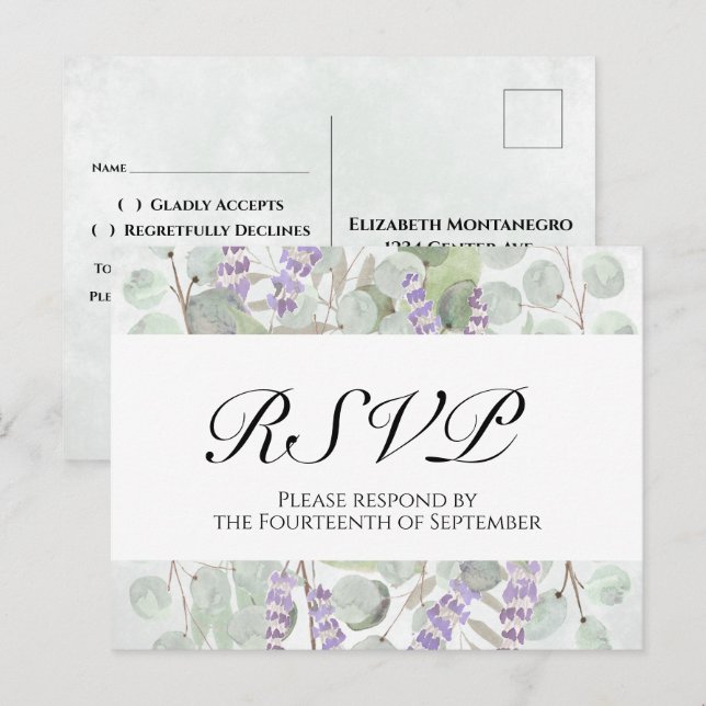 Boho Chic Eucalyptus & Lavender Wedding RSVP Postkarte (Vorne/Hinten)