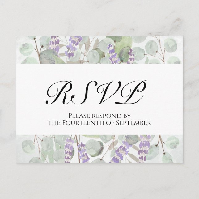 Boho Chic Eucalyptus & Lavender Wedding RSVP Postkarte (Vorderseite)