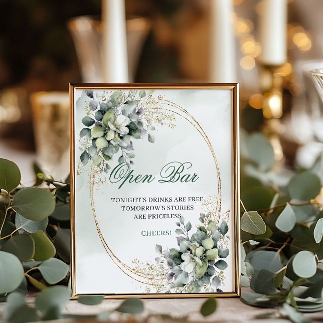 Boho Chic Eukalyptus Open Bar Schild Grün Gold (Boho Chic Eucalyptus Open Bar Sign Green Gold)