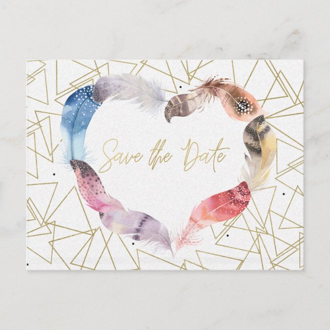 Boho Chic Feather Heart Save the Date Modern Ankündigungspostkarte (Vorderseite)