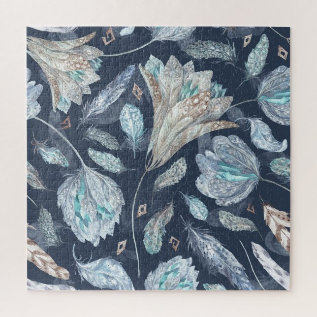 Boho Chic Feathers Blume: Watercolor Dark Blue P (Vertikal)