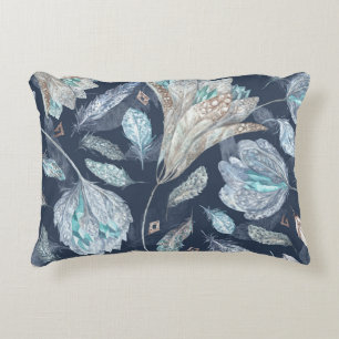 Boho Chic Feathers Blume: Watercolor Dark Blue P Dekokissen