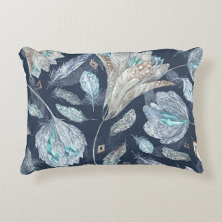Boho Chic Feathers Blume: Watercolor Dark Blue P Dekokissen