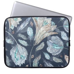 Boho Chic Feathers Blume: Watercolor Dark Blue P Laptopschutzhülle