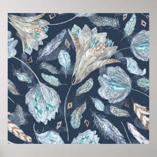 Boho Chic Feathers Blume: Watercolor Dark Blue P Poster