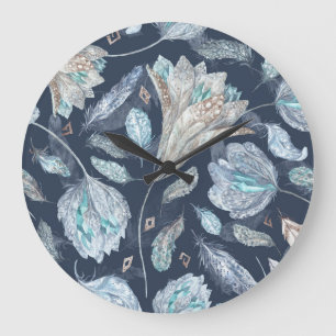 Boho Chic Federn Blumen: Wasserfarbe Dunkelblau P Große Wanduhr