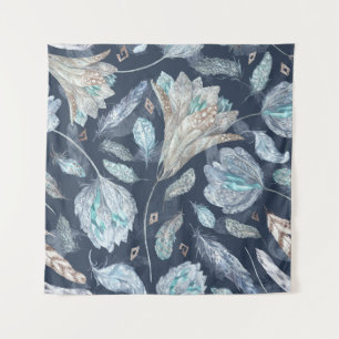 Boho Chic Federn Blumen: Wasserfarbe Dunkelblau P Wandteppich