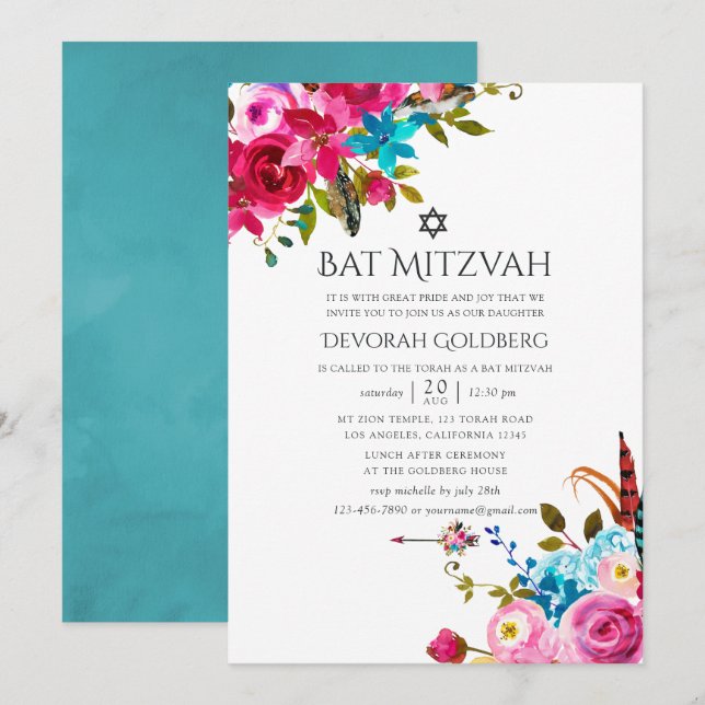 Boho Chic Floral Bat Mitzvah Einladung (Vorne/Hinten)