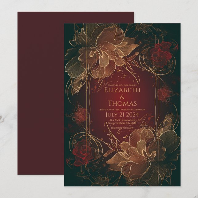 Boho Chic Floral Burgundy und Gold Thema. Einladung (Vorne/Hinten)