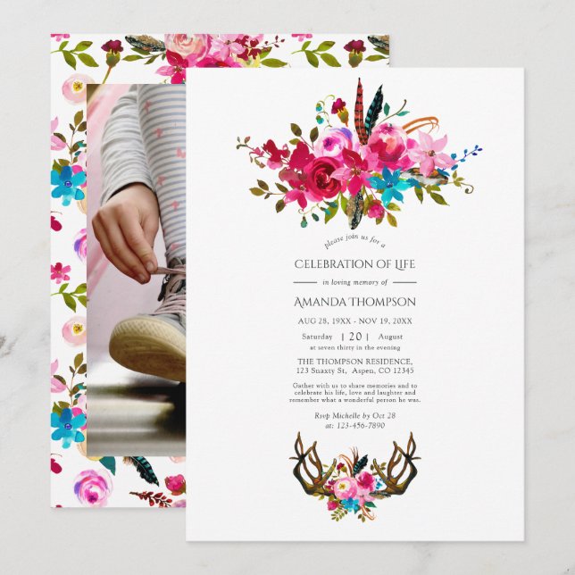 Boho Chic Floral Celebration of Life Einladung (Vorne/Hinten)