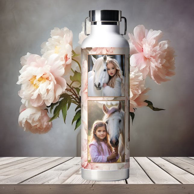 Boho Chic Floral Foto Trinkflasche (Mom or grandma water bottle featuring your photos on an elegant flower design in lovely pink)