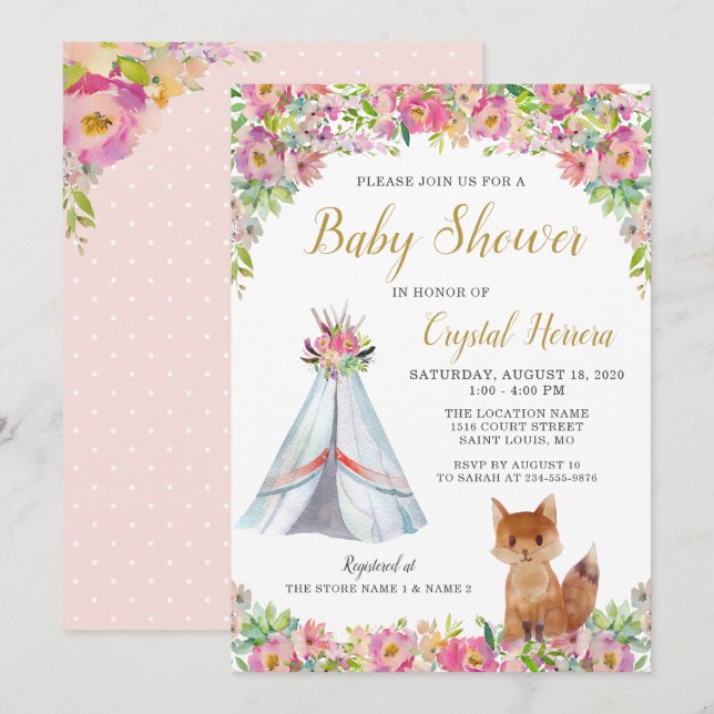 Boho Chic Floral Fox Teepee Tribal Baby Dusche Einladung (Vorne/Hinten)