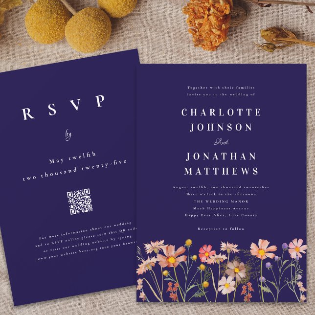 Boho Chic Floral Hochzeit im Herbst Einladung (Boho rustic floral navy blue fall wedding invitation Watercolor wild flowers elegant modern )