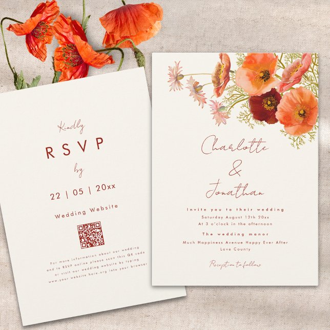 Boho Chic Floral Hochzeit im Herbst Einladung (Boho floral fall wedding invitation with qr code orange peach and burnt orange script)