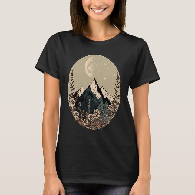 Boho Chic Floral Moon Mountain T-Shirt (Vorderseite)