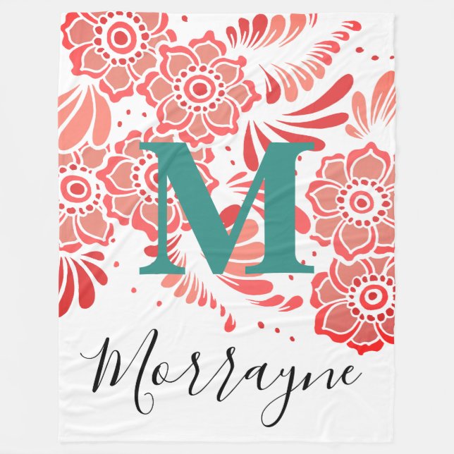 Boho Chic floral Muster Koralle rot und Aquamarin  Fleecedecke (Vorderseite)