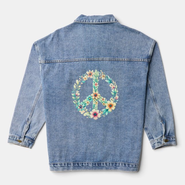 Boho Chic Floral Peace Sign Blue Jean Coat Jeansjacke (Rückseite)