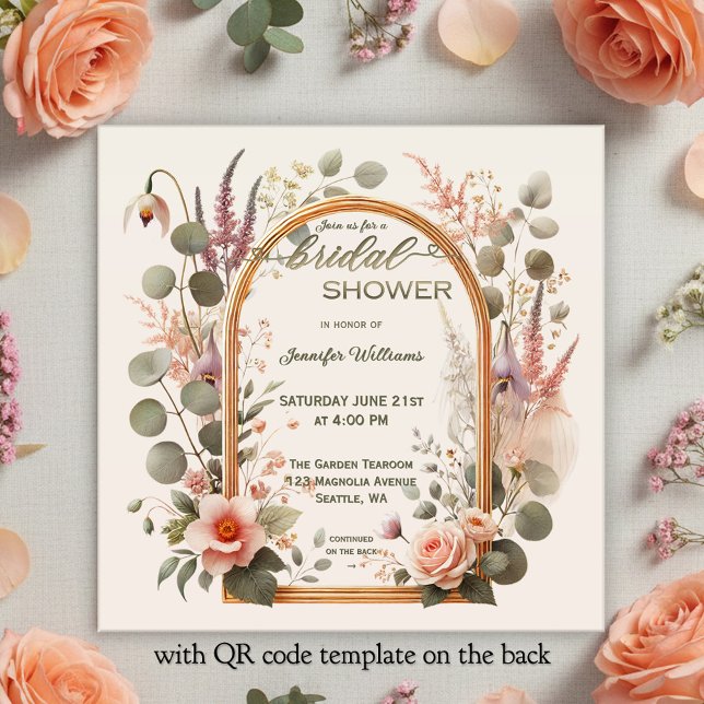 Boho Chic Floral Rose Gold Arch Bridal Shower Einladung (Bohemian bridal shower invitation featuring a watercolor flower arrangement around a rose gold arch)