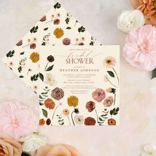 Boho Chic Floral Terracotta Modernes Brautparty Einladung (Easy to personalize fall terracotta floral bridal shower invitation.)