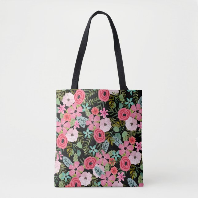 Boho chic floral tobag Schwarz pink Tasche (Vorderseite)