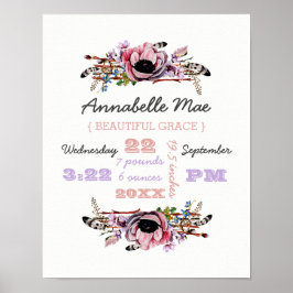 Boho Chic Floral Wreath | Baby Girl Birth Stats Poster