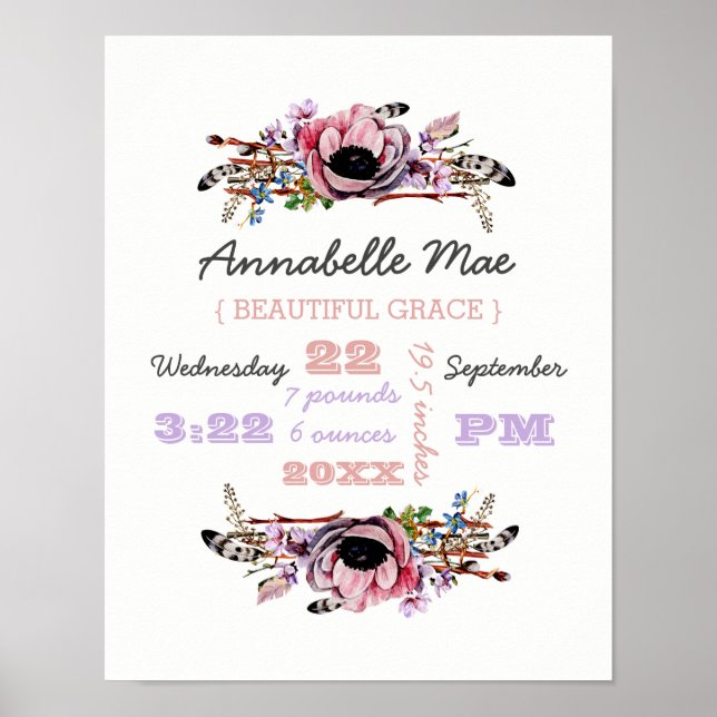 Boho Chic Floral Wreath | Baby Girl Birth Stats Poster (Vorne)