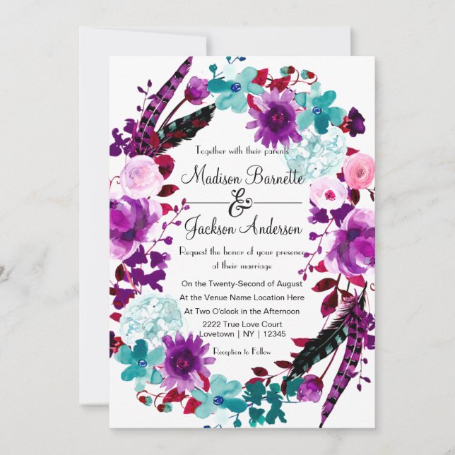 Boho Chic Floral Wreath Lila Hochzeitseinladung Einladung (Vorderseite)