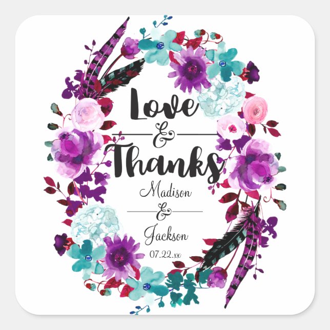 Boho Chic Floral Wreath Lila Liebe & Dank Quadratischer Aufkleber (Vorderseite)