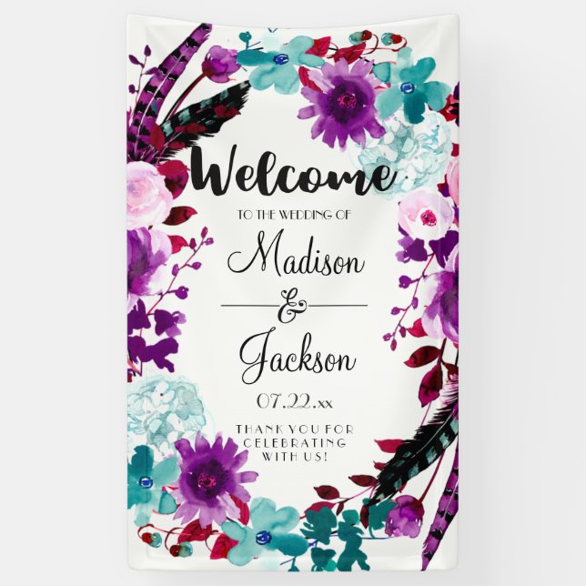 Boho Chic Floral Wreath Lila Wedding Willkommen Banner (Vertikal)