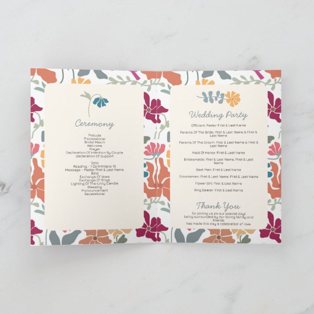 Boho Chic Florale Retro Hochzeitszeremonie Ablauf Programm (Innenseite)