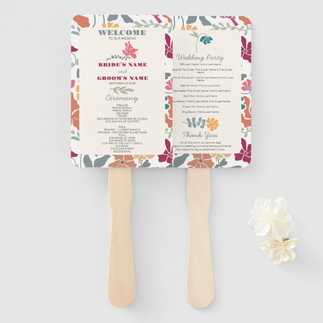 Boho Chic Florales Retro-Hochzeitsprogramm aus der Fächer (Vorne und Hinten)