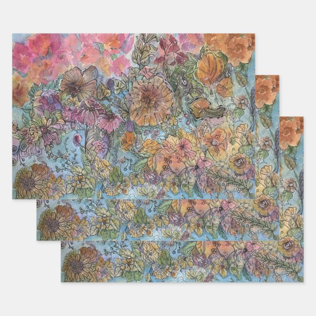 Boho Chic Flower Garden Aquarellbilder Geschenkpapier Set (Set)